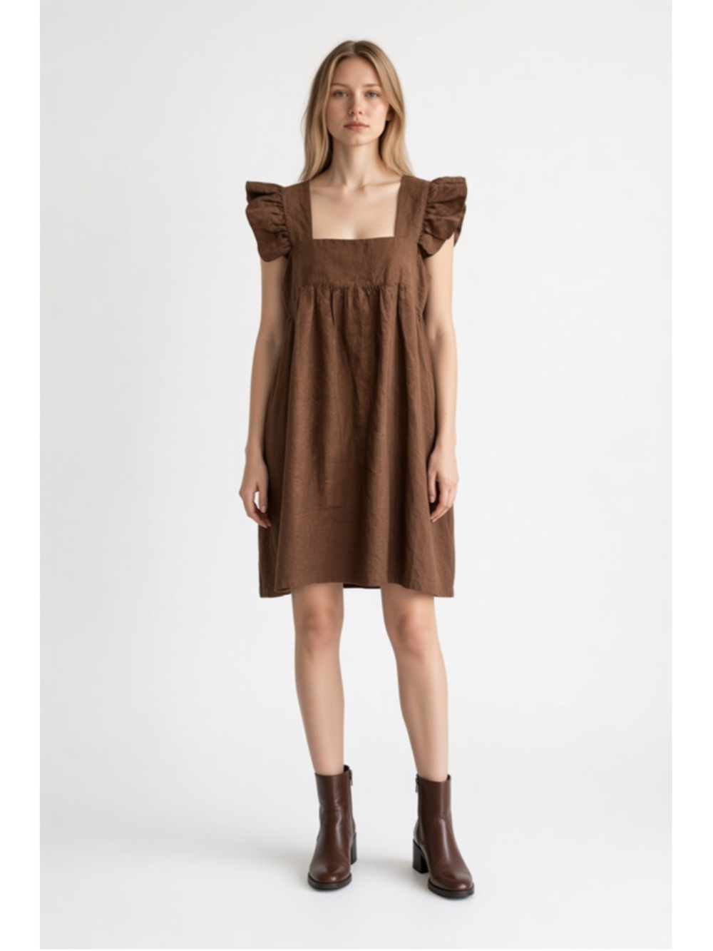 Posse Jude Brown Ruffle Sleeve Square Neck Mini Dress Size S
